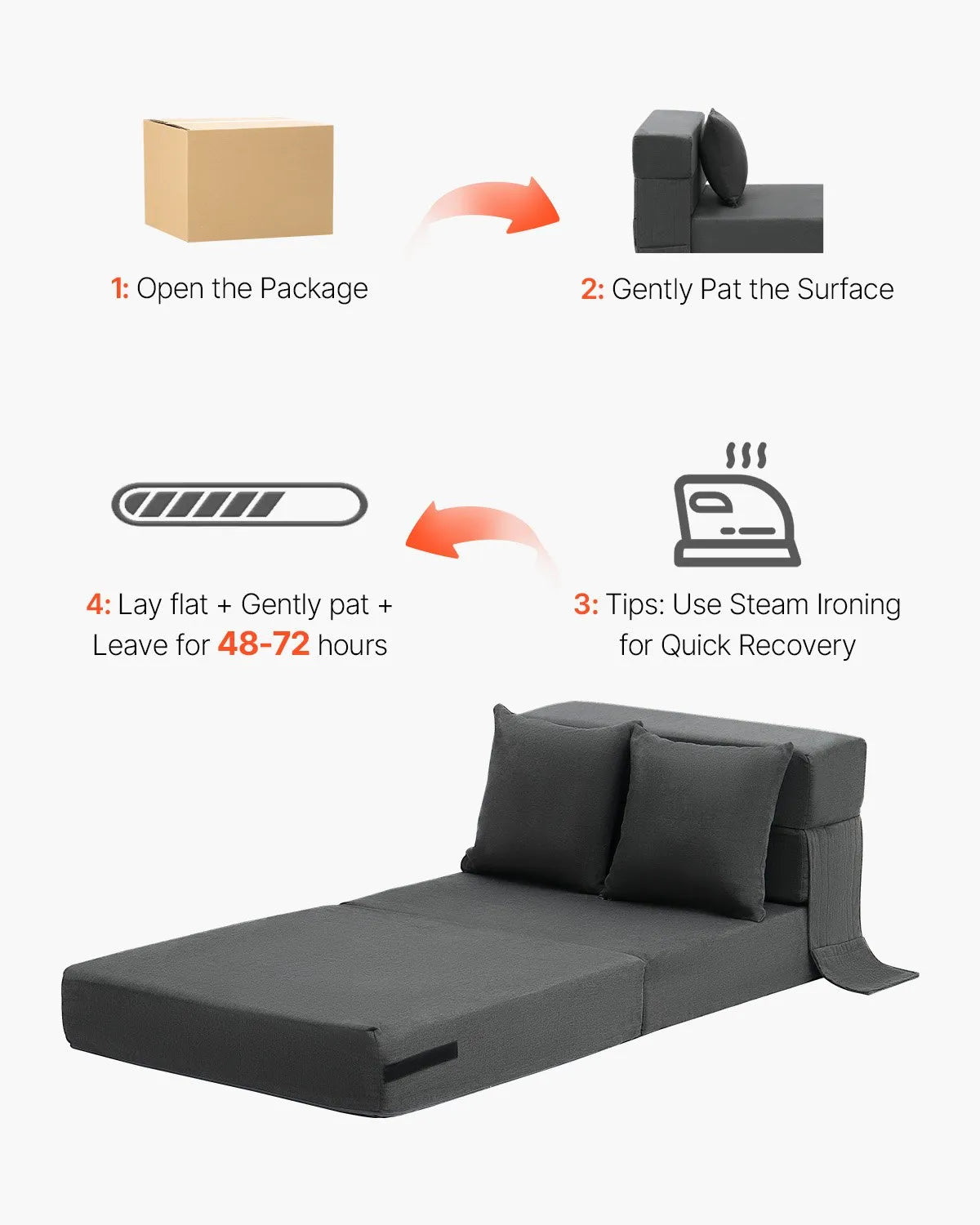 VEVOR Folding Sofa Bed 3-in-1 Foldable Couch Bed with 2 Pillows Dark Grey Single