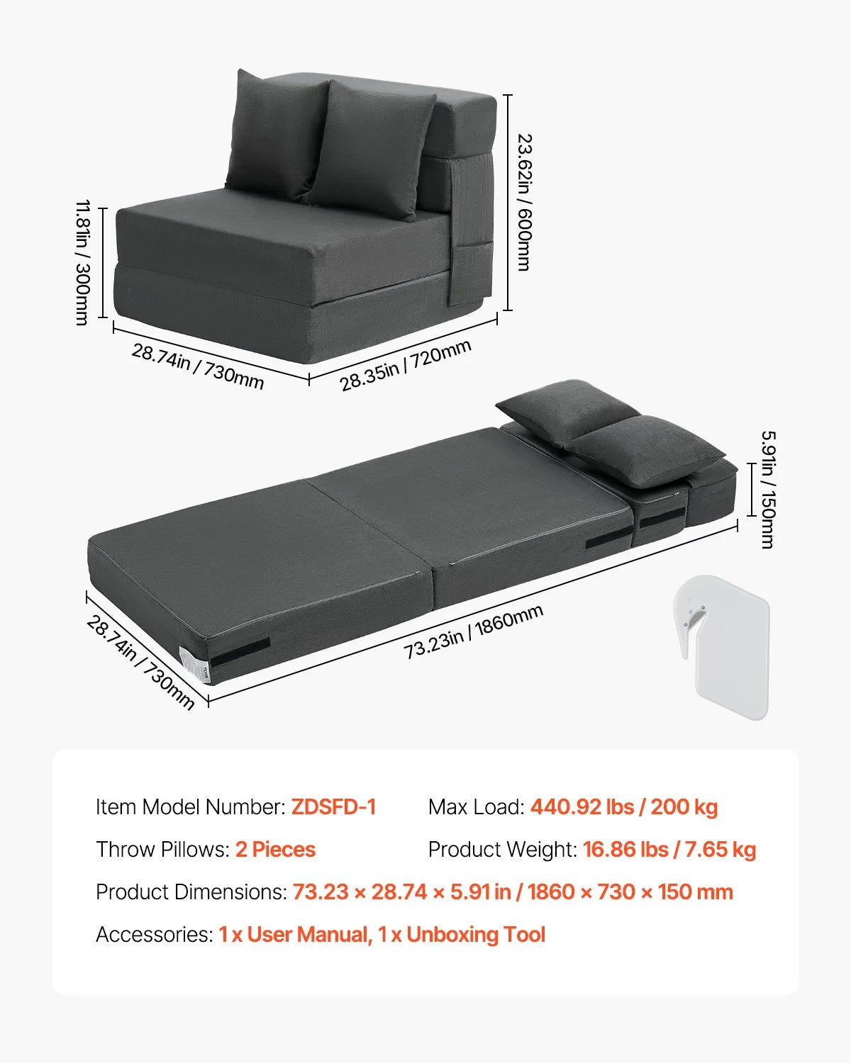 VEVOR Folding Sofa Bed 3-in-1 Foldable Couch Bed with 2 Pillows Dark Grey Single