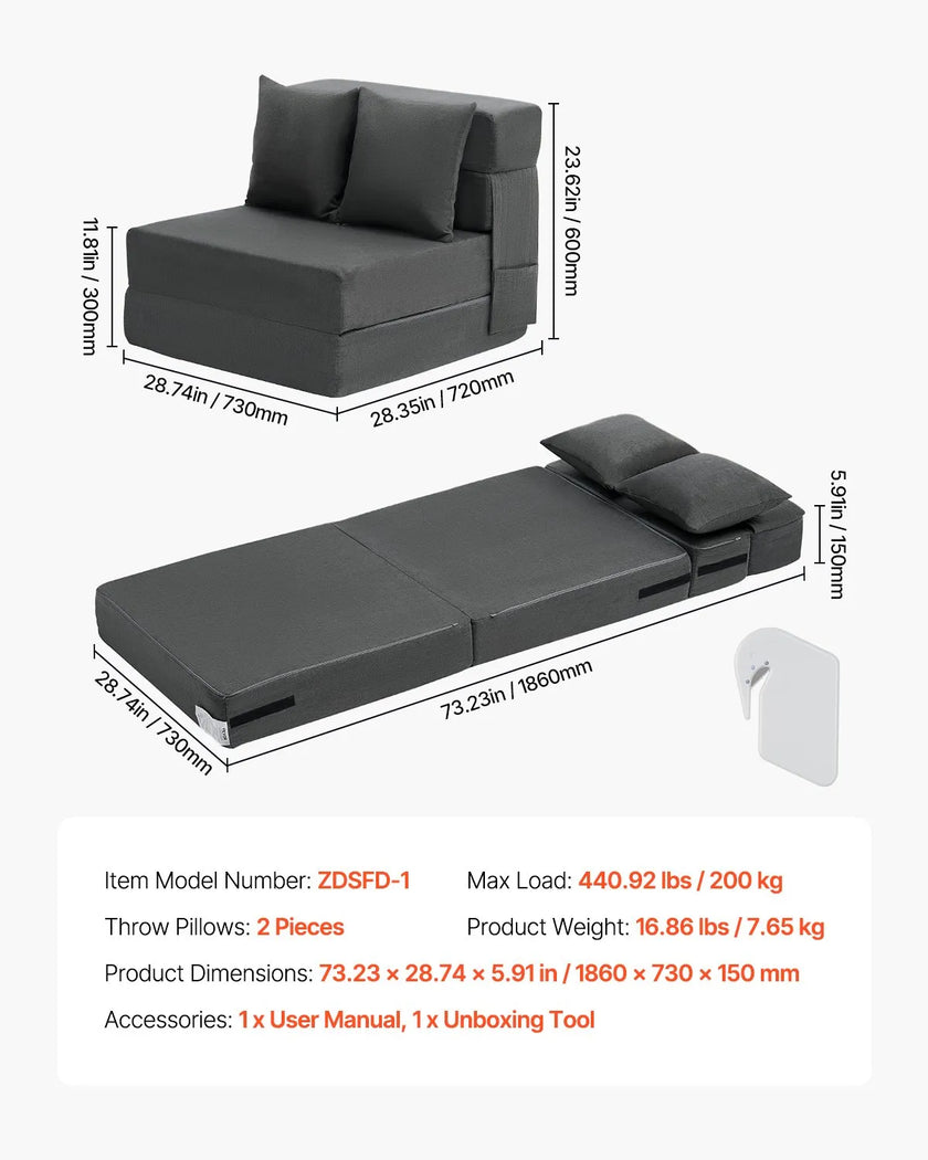 VEVOR Folding Sofa Bed 3-in-1 Foldable Couch Bed with 2 Pillows Dark Grey Single
