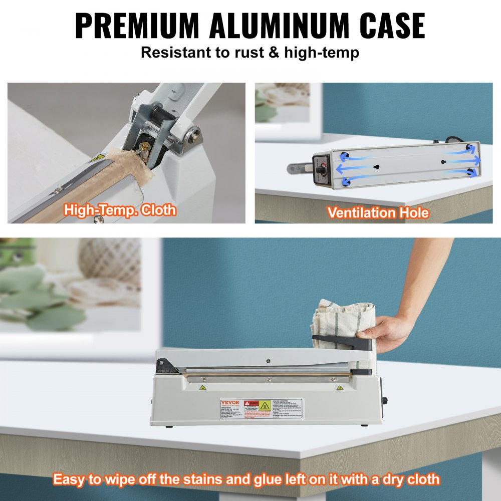 VEVOR Impulse Sealer 12 inch, Manual Heat Sealing Machine with Adjustable Heating Mode, Aluminum Shrink Wrap Bag Sealers for Plastic Mylar PE PP Bags, Portable Poly Bag Sealer with Extra Replace Kit