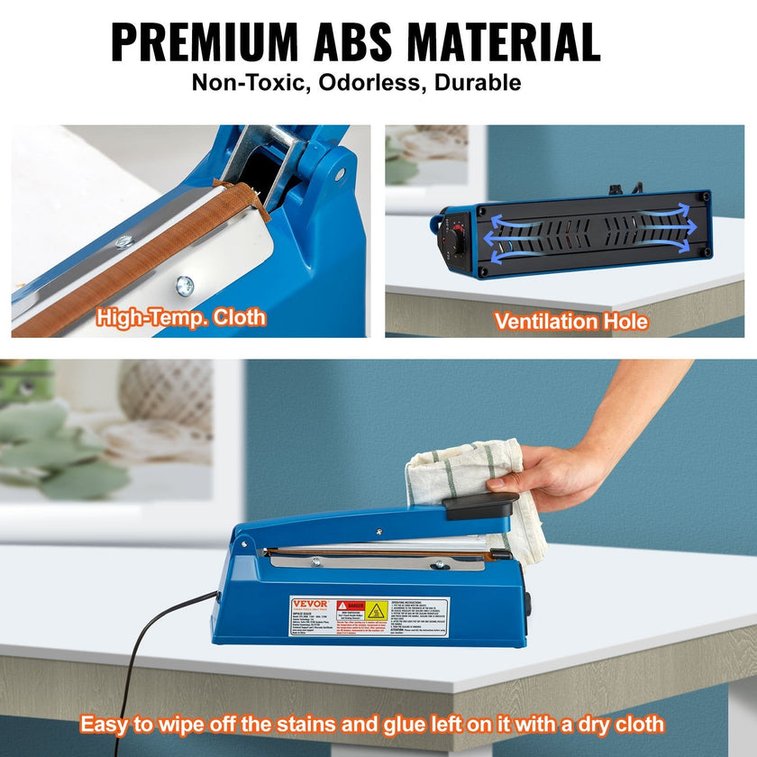 VEVOR Impulse Sealer 8 inch, Manual Heat Seal Machine with Adjustable Heating Mode, ABS Shrink Wrap Bag Sealers for Plastic Mylar PE PP Bags, Portable Poly Bag Sealing Machine with Extra Replace Kit