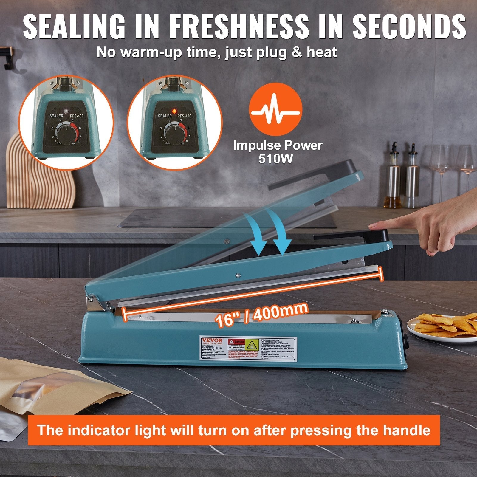 VEVOR Impulse Sealer 16 inch, Manual Heat Seal Machine with Adjustable Heating Mode, Iron Shrink Wrap Bag Sealers for Plastic Mylar PE PP Bags, Portable Poly Bag Sealing Machine with Extra Replace Kit