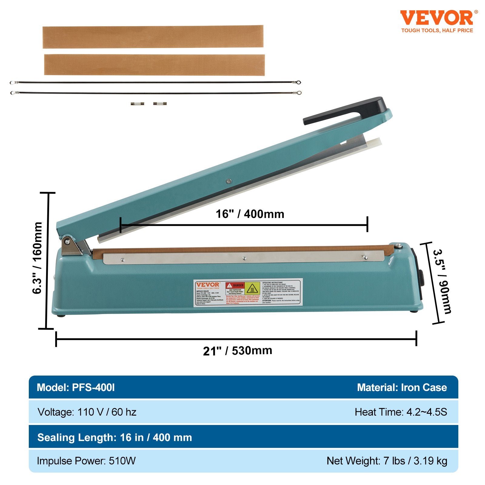 VEVOR Impulse Sealer 16 inch, Manual Heat Seal Machine with Adjustable Heating Mode, Iron Shrink Wrap Bag Sealers for Plastic Mylar PE PP Bags, Portable Poly Bag Sealing Machine with Extra Replace Kit