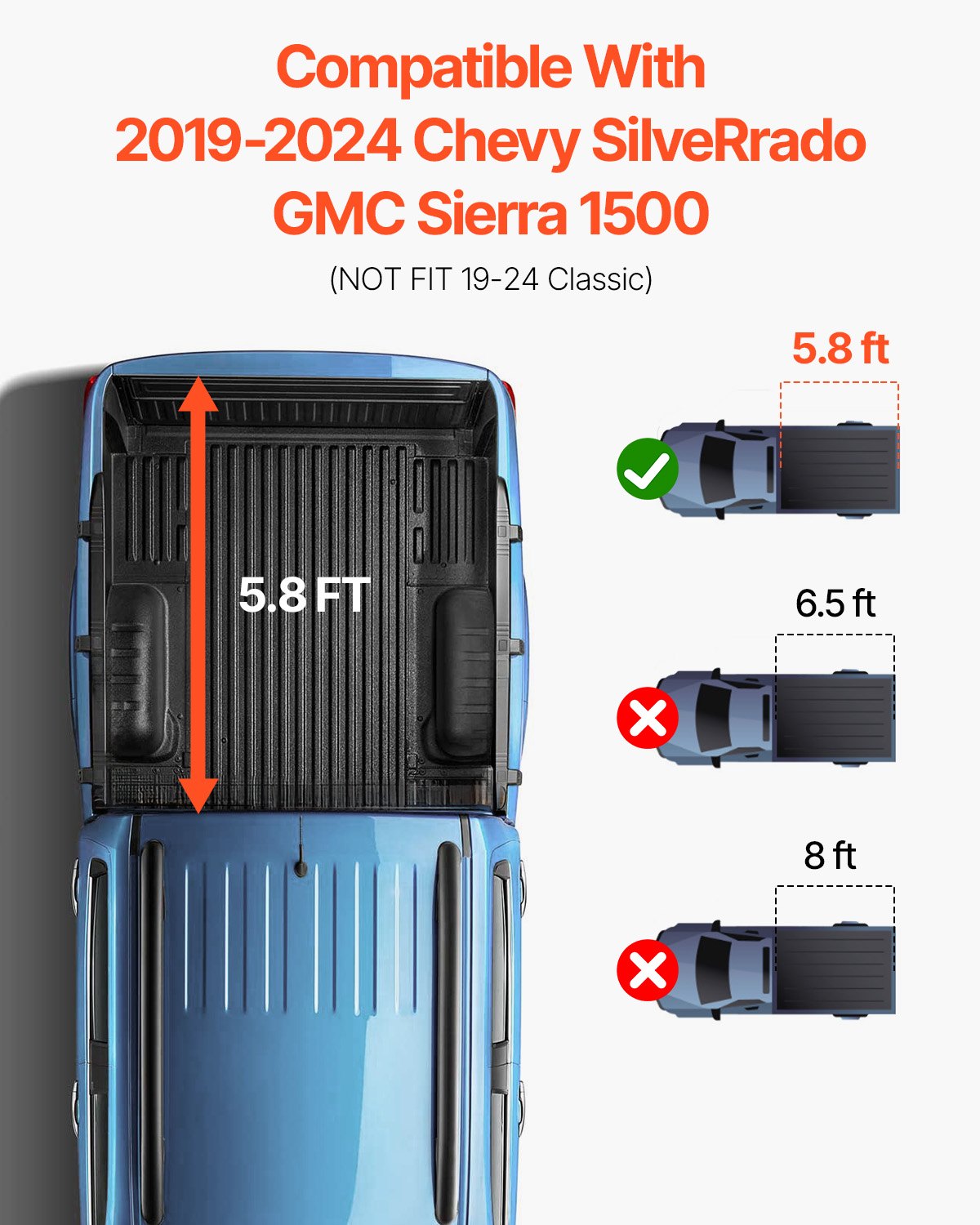 VEVOR Tri-Fold Truck Bed Tonneau Cover, Compatible with 2019-2024 Chevy Silverado GMC Sierra 1500 (NOT FIT 19-24 Classic) 5'8