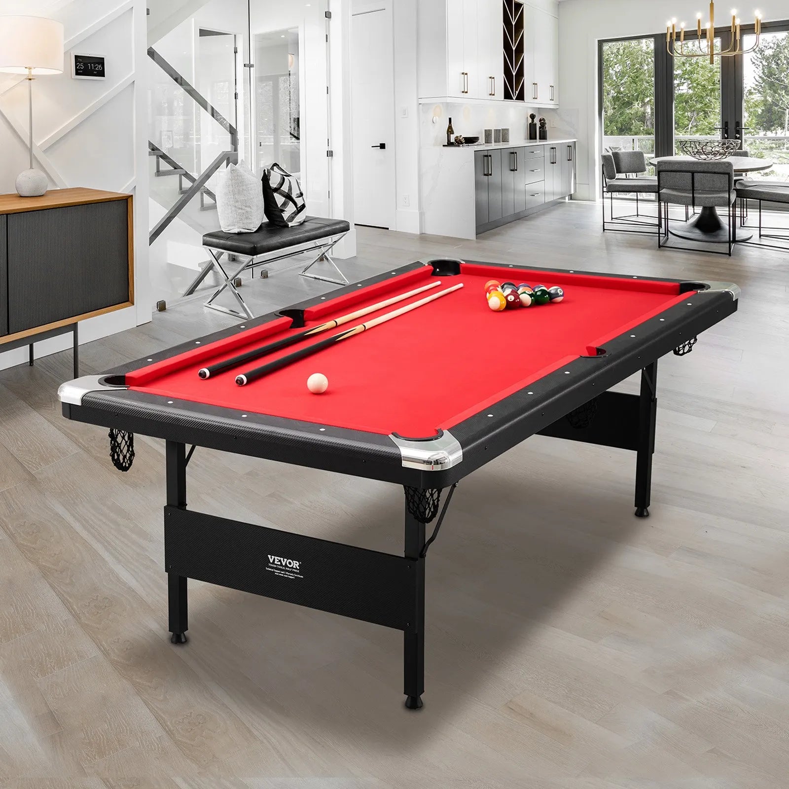 VEVOR Billiards Table, 7 ft Pool Table, Portable Foldable Space-Saving Table, Billiard Table Set Includes Balls, Cues, Chalks and Brush, Black with Red Cloth, Perfect for Family Game Room Kids Adults