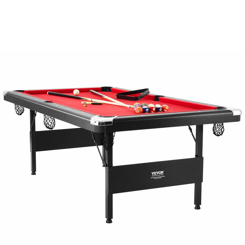 VEVOR Billiards Table, 7 ft Pool Table, Portable Foldable Space-Saving Table, Billiard Table Set Includes Balls, Cues, Chalks and Brush, Black with Red Cloth, Perfect for Family Game Room Kids Adults