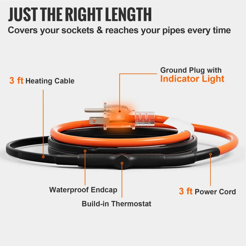 VEVOR Self-Regulating Pipe Heating Cable 3FT 5W/FT Heat Tape with Thermostat