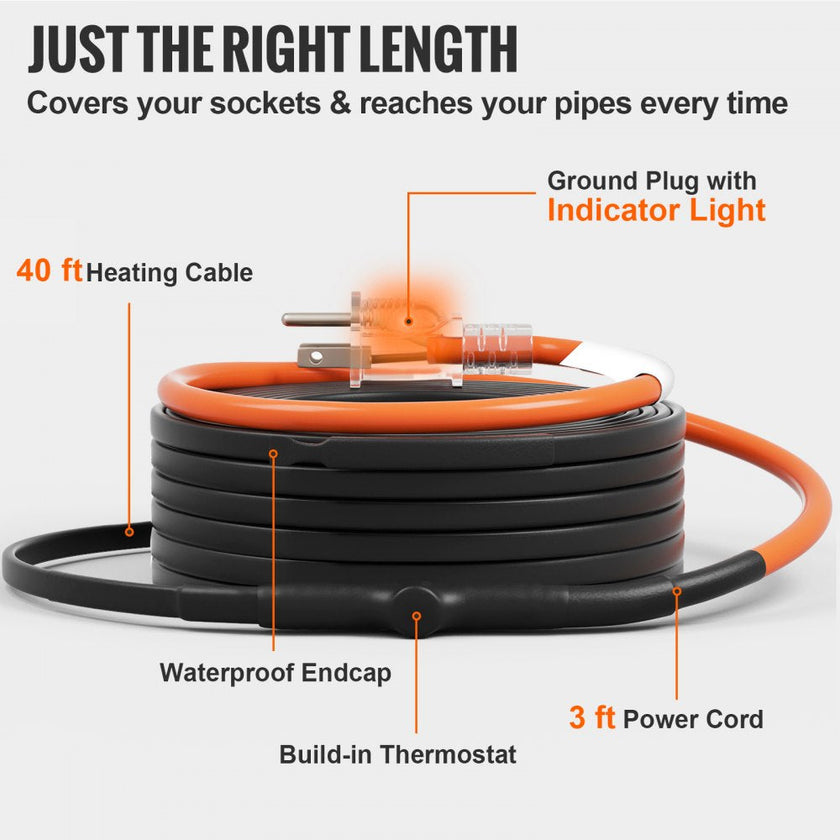 VEVOR Self-Regulating Pipe Heating Cable 40FT 5W/FT Heat Tape with Thermostat