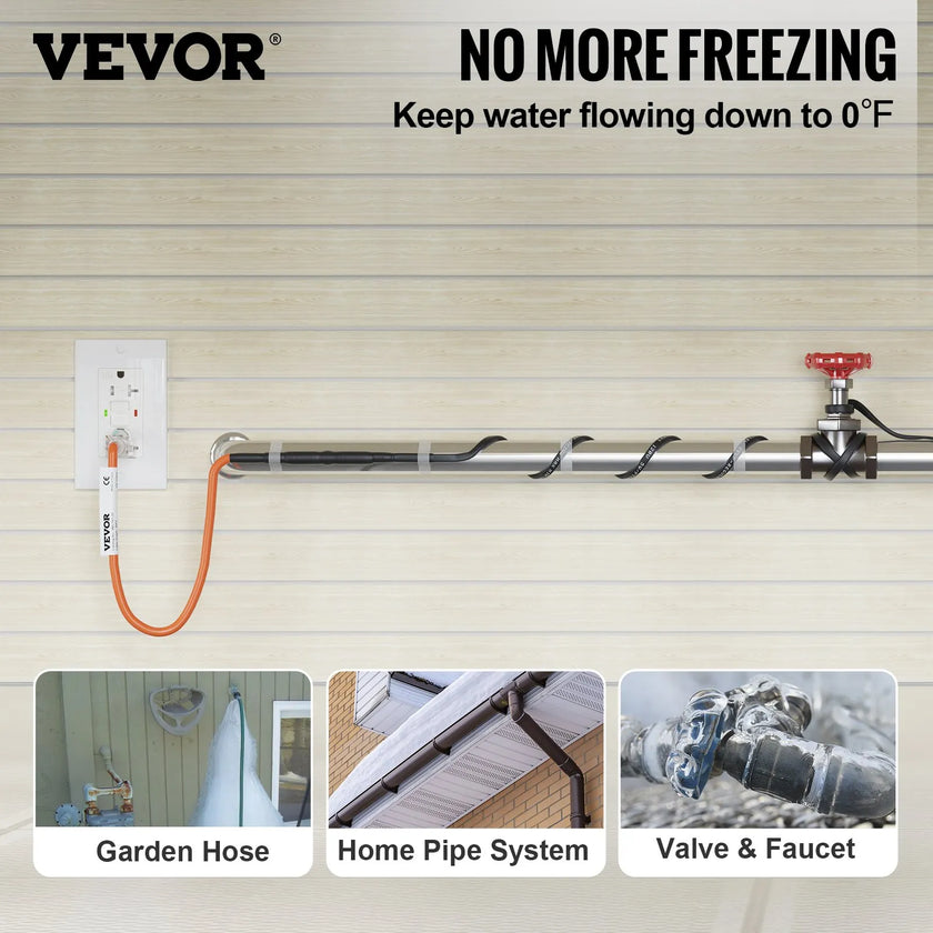 VEVOR Self-Regulating Pipe Heating Cable, 30-feet 5W/ft Heat Tape for Pipes Freeze Protection, Protects PVC Hose, Metal and Plastic Pipe from Freezing, 120V
