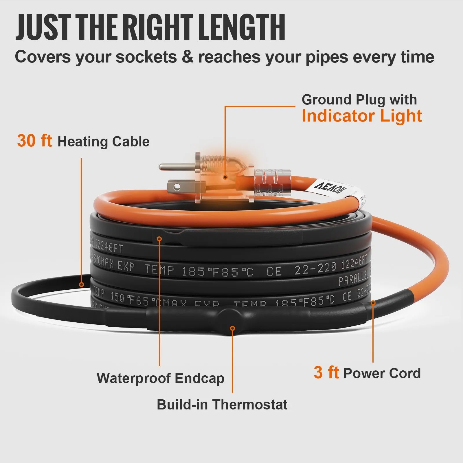 VEVOR Self-Regulating Pipe Heating Cable, 30-feet 5W/ft Heat Tape for Pipes Freeze Protection, Protects PVC Hose, Metal and Plastic Pipe from Freezing, 120V