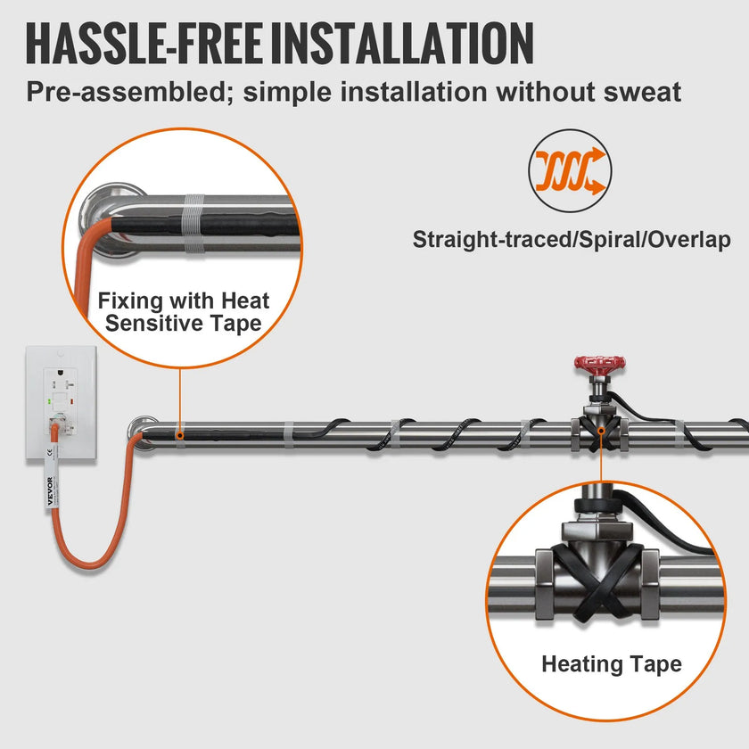VEVOR Self-Regulating Pipe Heating Cable, 30-feet 5W/ft Heat Tape for Pipes Freeze Protection, Protects PVC Hose, Metal and Plastic Pipe from Freezing, 120V
