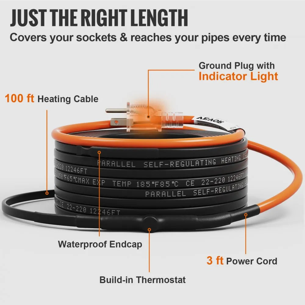 VEVOR Self-Regulating Pipe Heating Cable, 100-feet 5W/ft Heat Tape for Pipes Freeze Protection, Protects PVC Hose, Metal and Plastic Pipe from Freezing, 120V