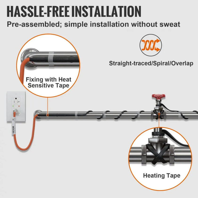 VEVOR Self-Regulating Pipe Heating Cable, 100-feet 5W/ft Heat Tape for Pipes Freeze Protection, Protects PVC Hose, Metal and Plastic Pipe from Freezing, 120V