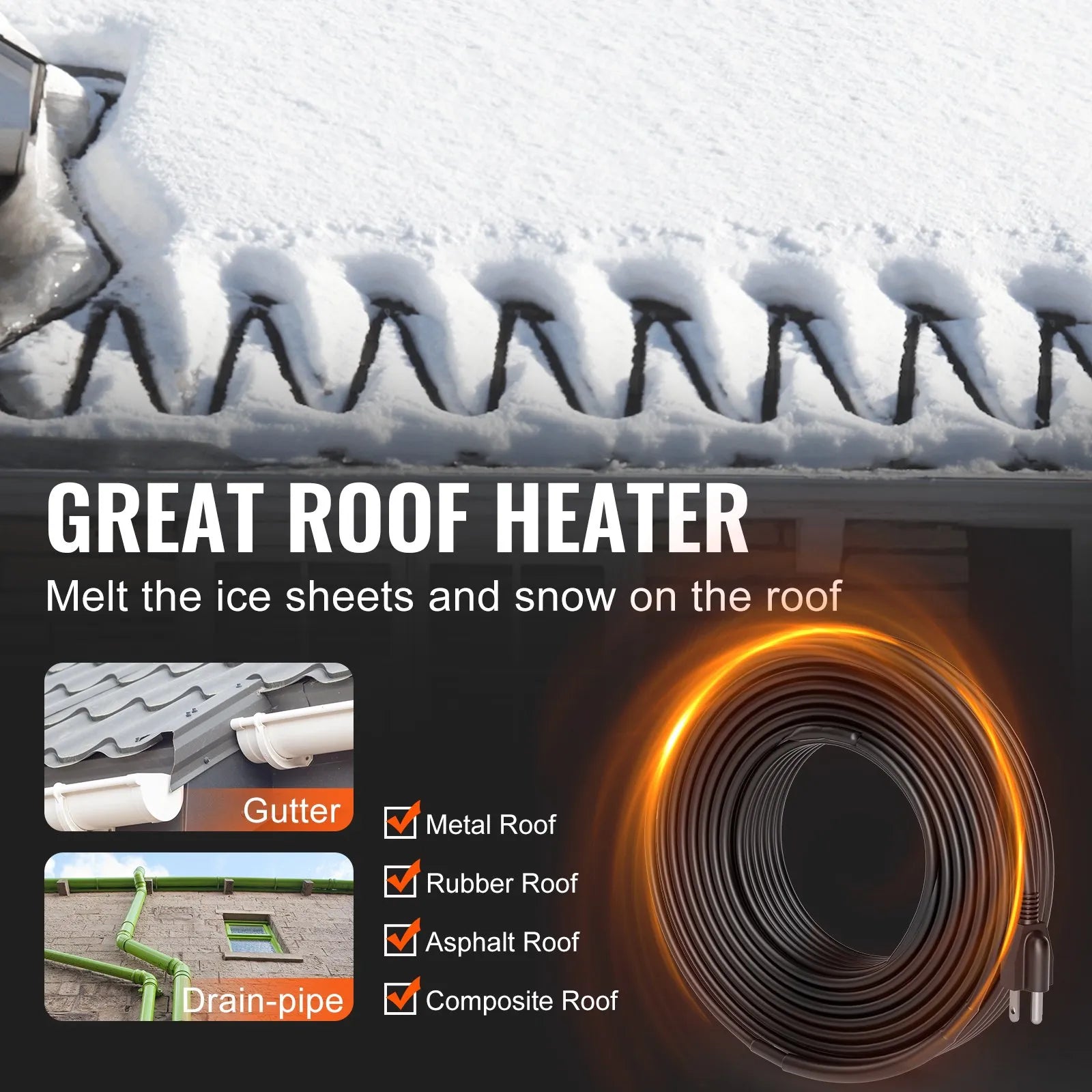 VEVOR Self-Regulating Pipe Heating Cable 100FT 5W/FT Heat Tape for Pipes Roof