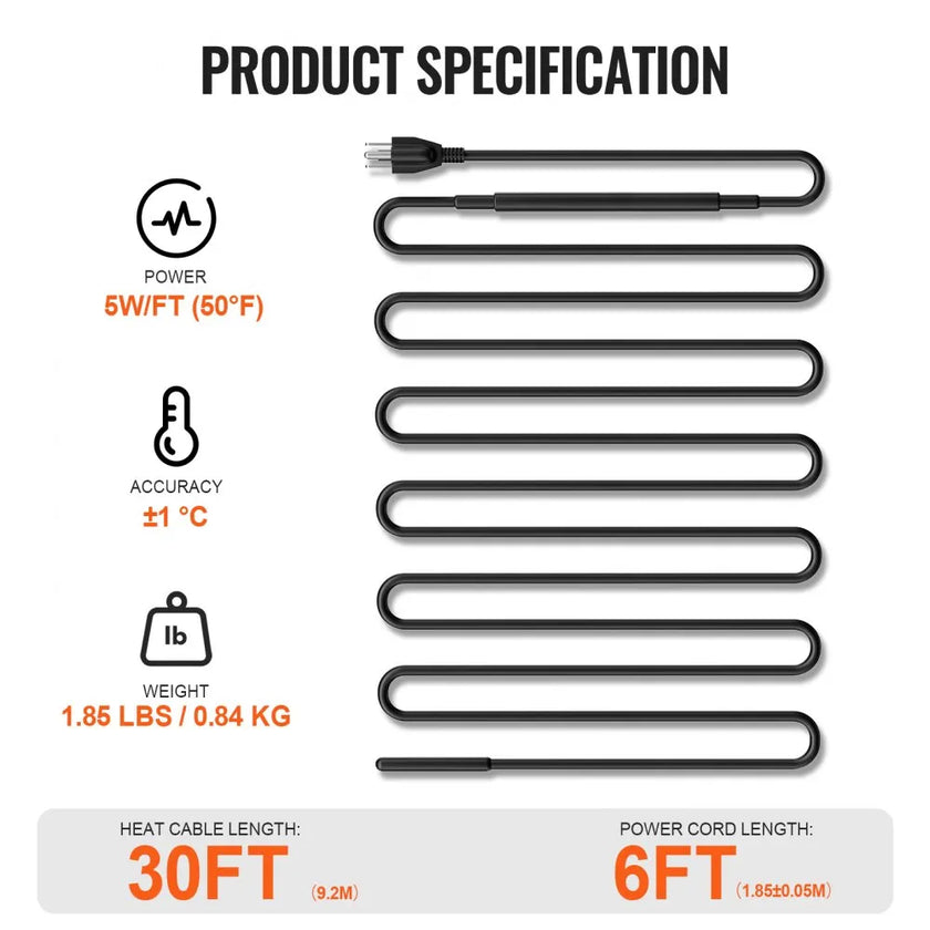 VEVOR Self-Regulating Pipe Heating Cable 30FT 5W/FT Heat Tape for Pipes Roof
