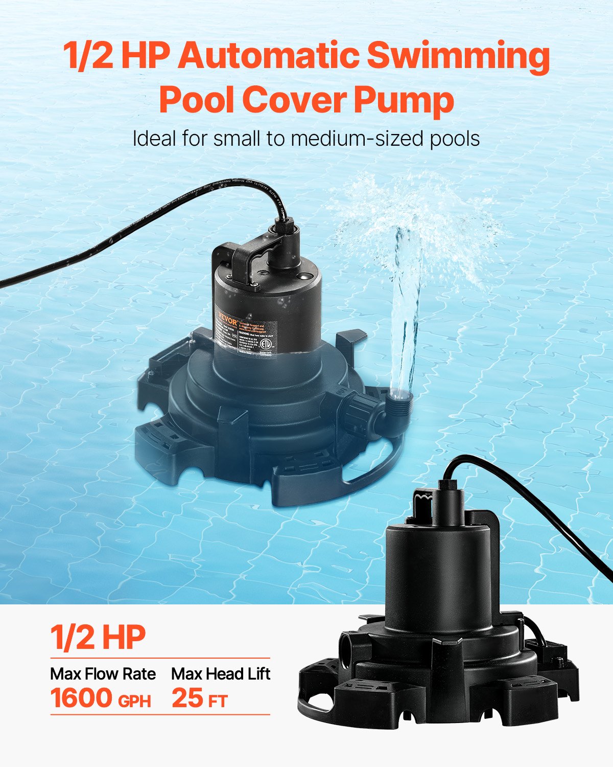 VEVOR Automatic Pool Cover Pump Submersible Swimming 1/2 HP 1600 GPH 25 ft Cord