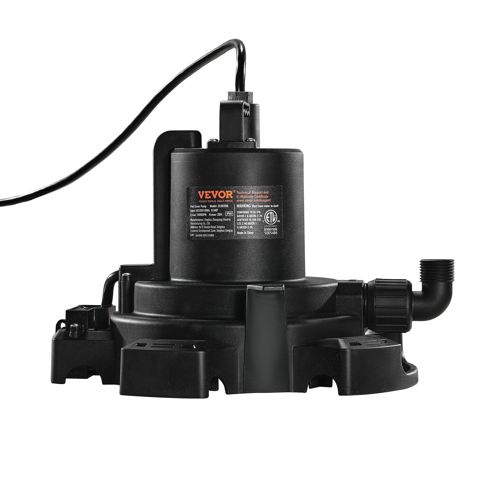 VEVOR Automatic Pool Cover Pump Submersible Swimming 1/2 HP 1600 GPH 25 ft Cord