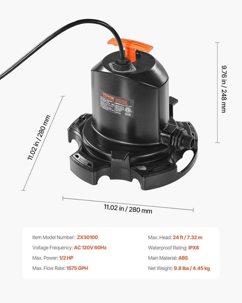 VEVOR Pool Cover Pump Submersible Swimming 1/2 HP 1575 GPH with 25 ft Power Cord
