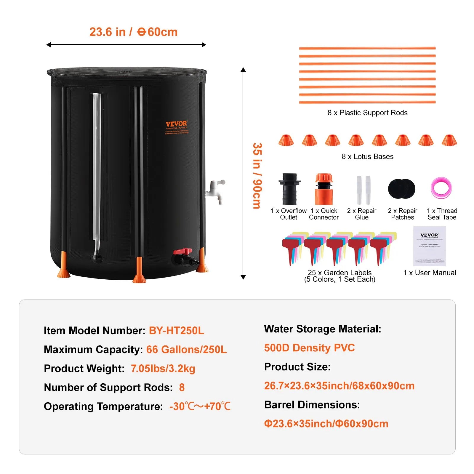 VEVOR Collapsible Rain Barrel, 66 Gallon/250 L Portable Rain Water Collection Barrel, PVC Rainwater Collection System with Spigots and Overflow Kit, Water Barrel for Garden Water Catcher