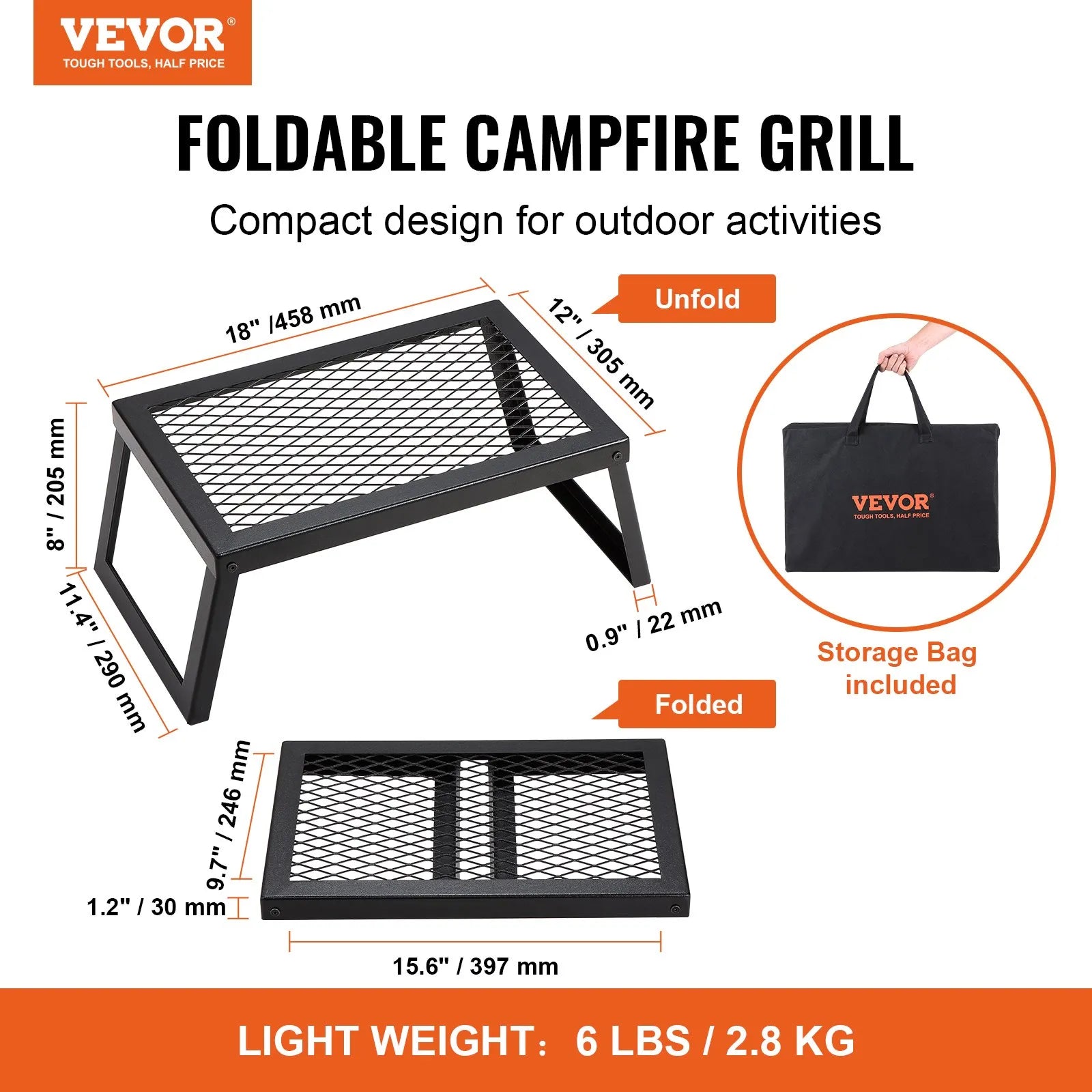 VEVOR Folding Campfire Grill, Heavy Duty Steel Mesh Grate, 18