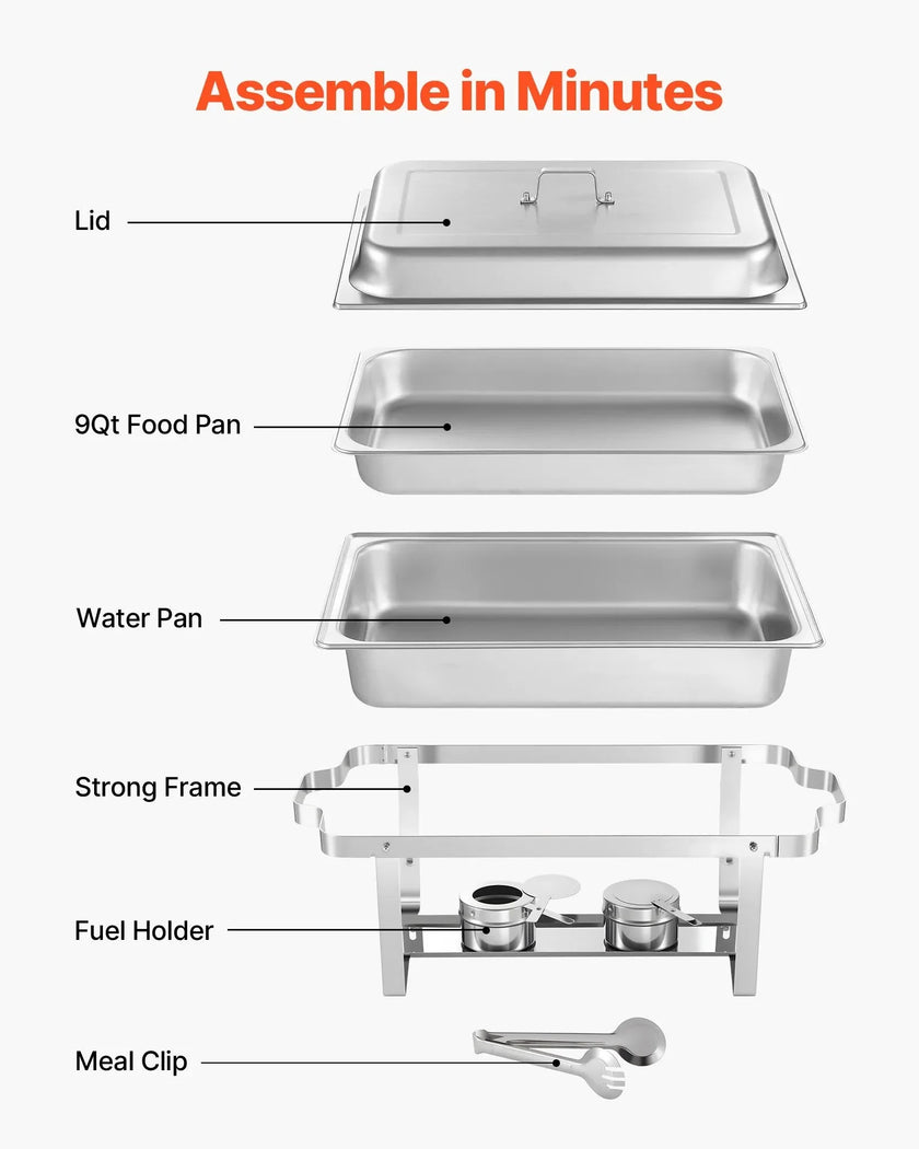 VEVOR Rectangle Chafing Dish, 9 Qt 2 Pack Stainless Steel Chafing Dish, Food Warmer Chafer Complete Set with Hollow Handle, 1 Food Tongs, Lid, Fuel Holder, Chafer Dishes for Banquet Party Wedding