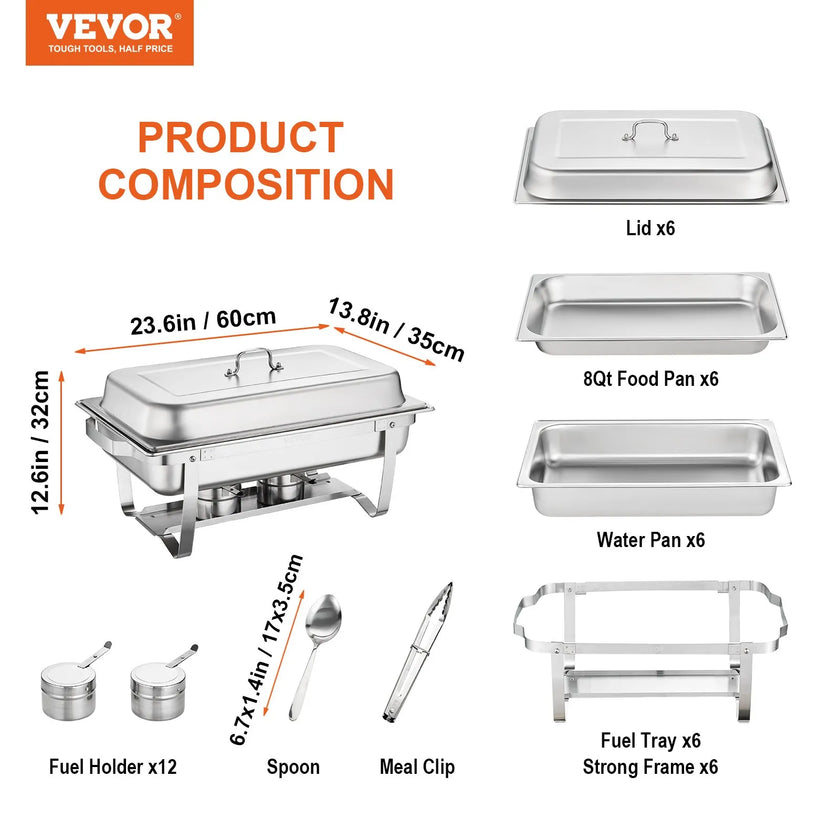 VEVOR Chafing Dish Buffet Set, 8 Qt 6 Pack, Stainless Chafer with 6 Full Size Pans, Rectangle Catering Warmer Server with Lid Water Pan Folding Stand Fuel Holder Tray Spoon Clip, at Least 8 People Eac