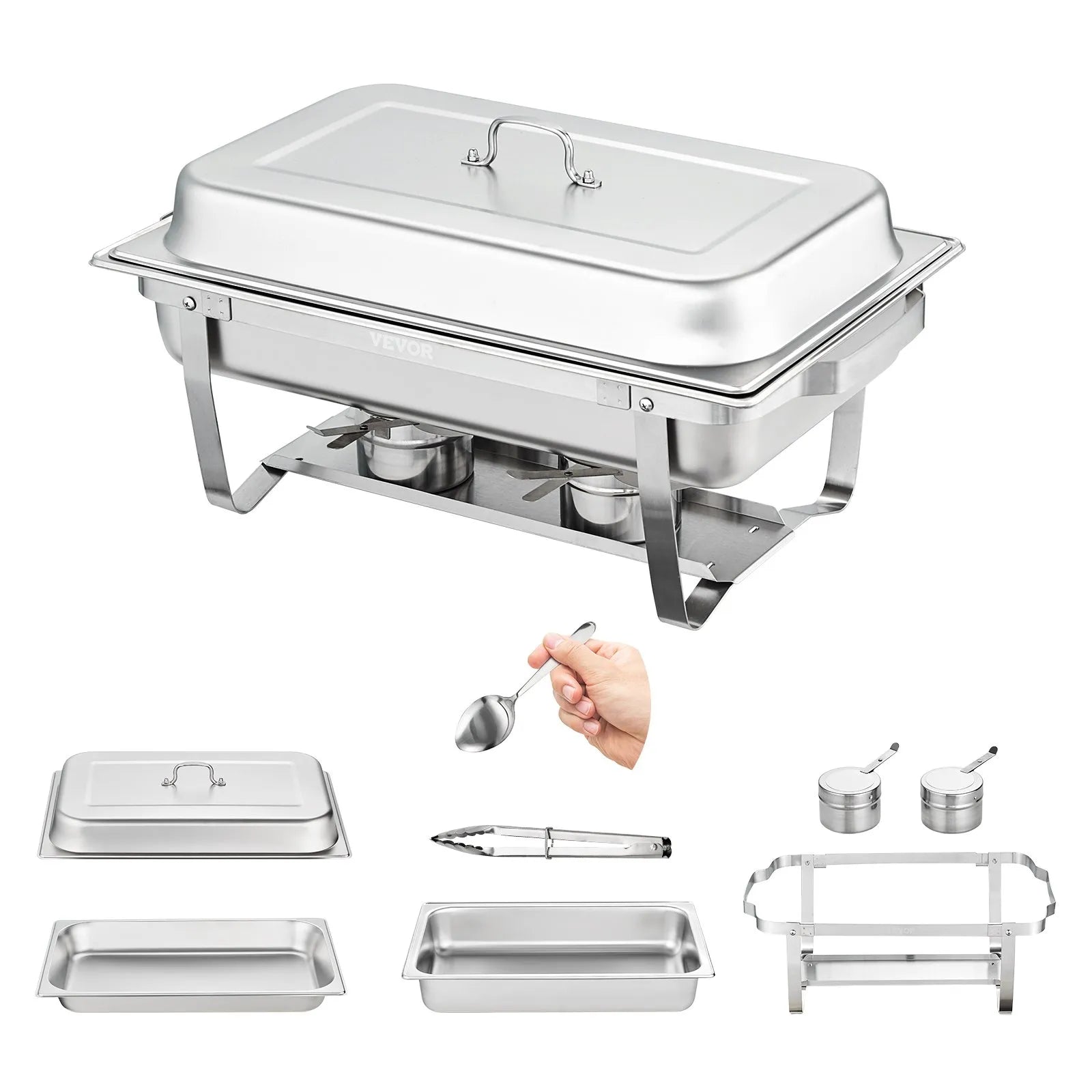 VEVOR Chafing Dish Buffet Set, 8 Qt 6 Pack, Stainless Chafer with 6 Full Size Pans, Rectangle Catering Warmer Server with Lid Water Pan Folding Stand Fuel Holder Tray Spoon Clip, at Least 8 People Eac