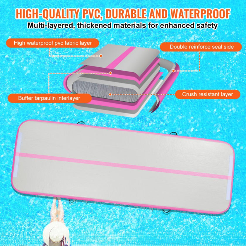 VEVOR Gymnastics Air Mat, 4 inch Thickness Inflatable Gymnastics Tumbling Mat, Tumble Track with Electric Pump, Training Mats for Home Use/Gym/Yoga/Cheerleading/Beach/Park/Water, 10 ft, Pink