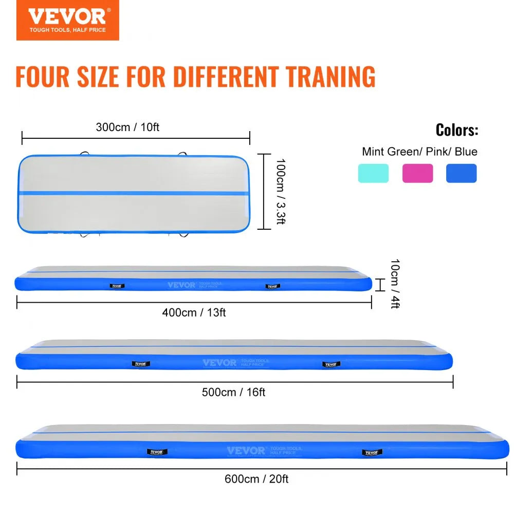 VEVOR Gymnastics Air Mat, 4 inch Thickness Inflatable Gymnastics Tumbling Mat, Tumble Track with Electric Pump, Training Mats for Home Use/Gym/Yoga/Cheerleading/Beach/Park/Water, 10 ft, Blue