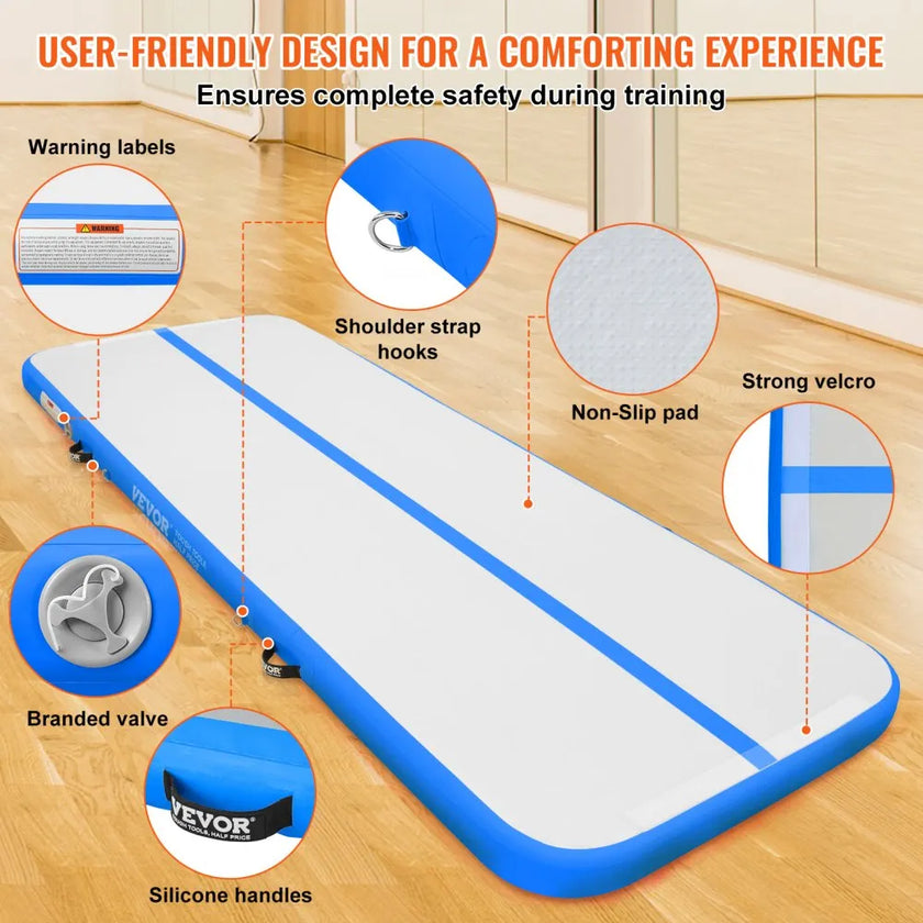 VEVOR Gymnastics Air Mat, 4 inch Thickness Inflatable Gymnastics Tumbling Mat, Tumble Track with Electric Pump, Training Mats for Home Use/Gym/Yoga/Cheerleading/Beach/Park/Water, 10 ft, Blue
