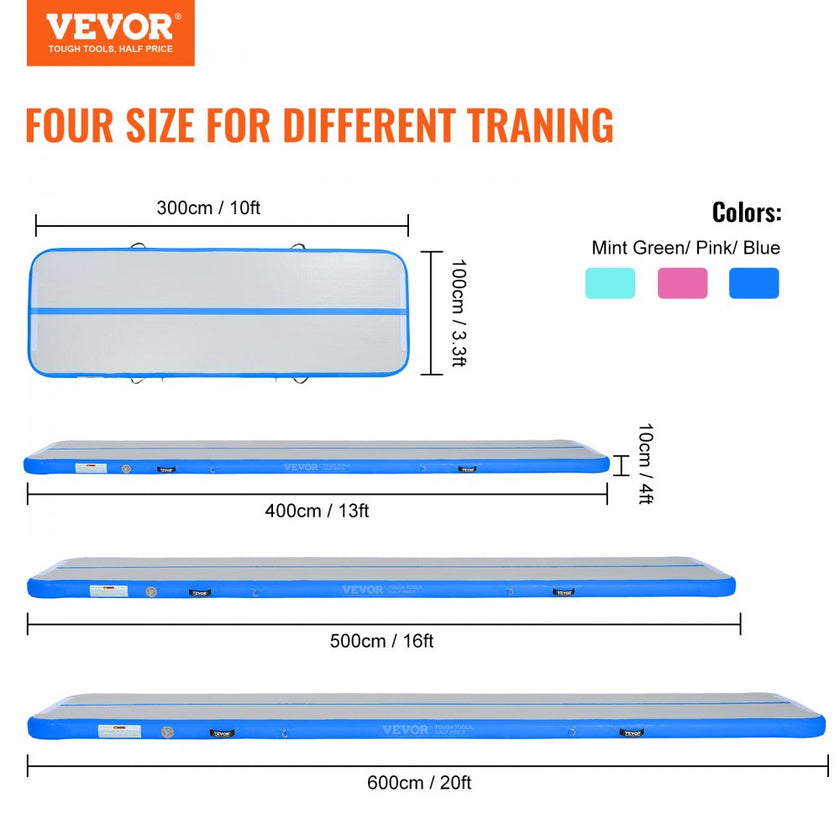 VEVOR Gymnastics Air Mat, 4 inch Thickness Inflatable Gymnastics Tumbling Mat, Tumble Track with Electric Pump, Training Mats for Home Use/Gym/Yoga/Cheerleading/Beach/Park/Water, 13 ft, Blue