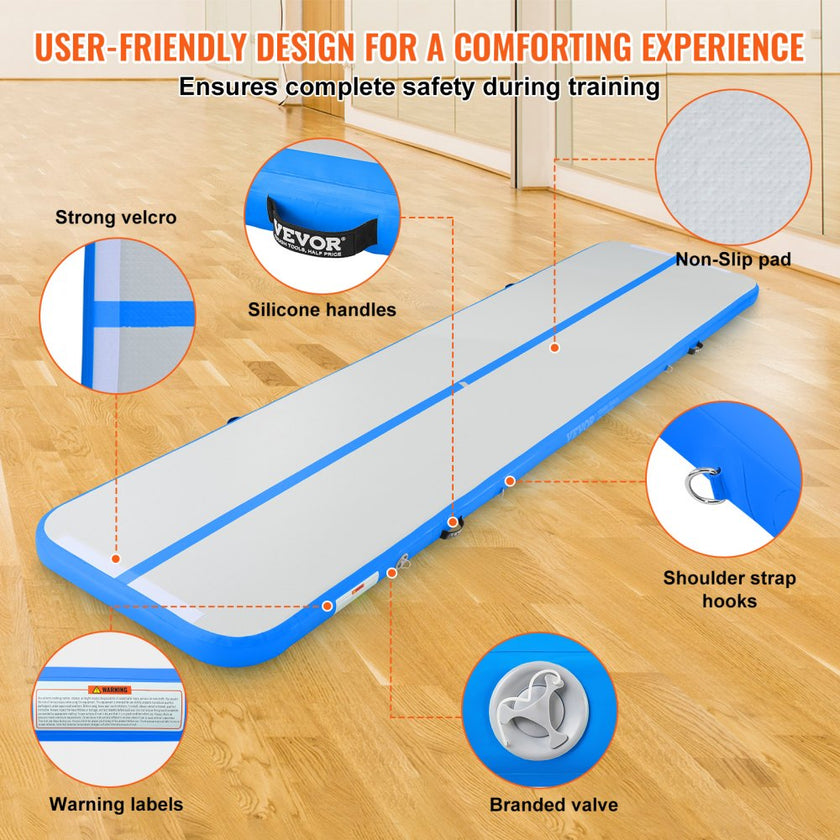 VEVOR Gymnastics Air Mat, 4 inch Thickness Inflatable Gymnastics Tumbling Mat, Tumble Track with Electric Pump, Training Mats for Home Use/Gym/Yoga/Cheerleading/Beach/Park/Water, 13 ft, Blue