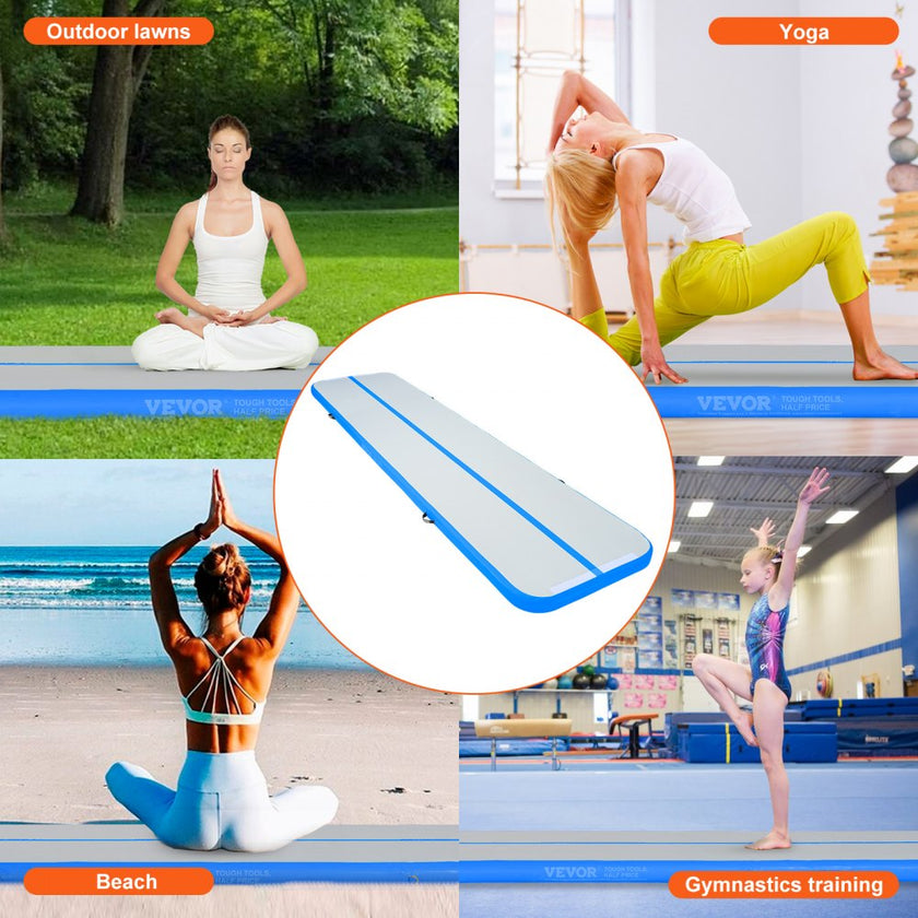 VEVOR Gymnastics Air Mat, 4 inch Thickness Inflatable Gymnastics Tumbling Mat, Tumble Track with Electric Pump, Training Mats for Home Use/Gym/Yoga/Cheerleading/Beach/Park/Water, 13 ft, Blue