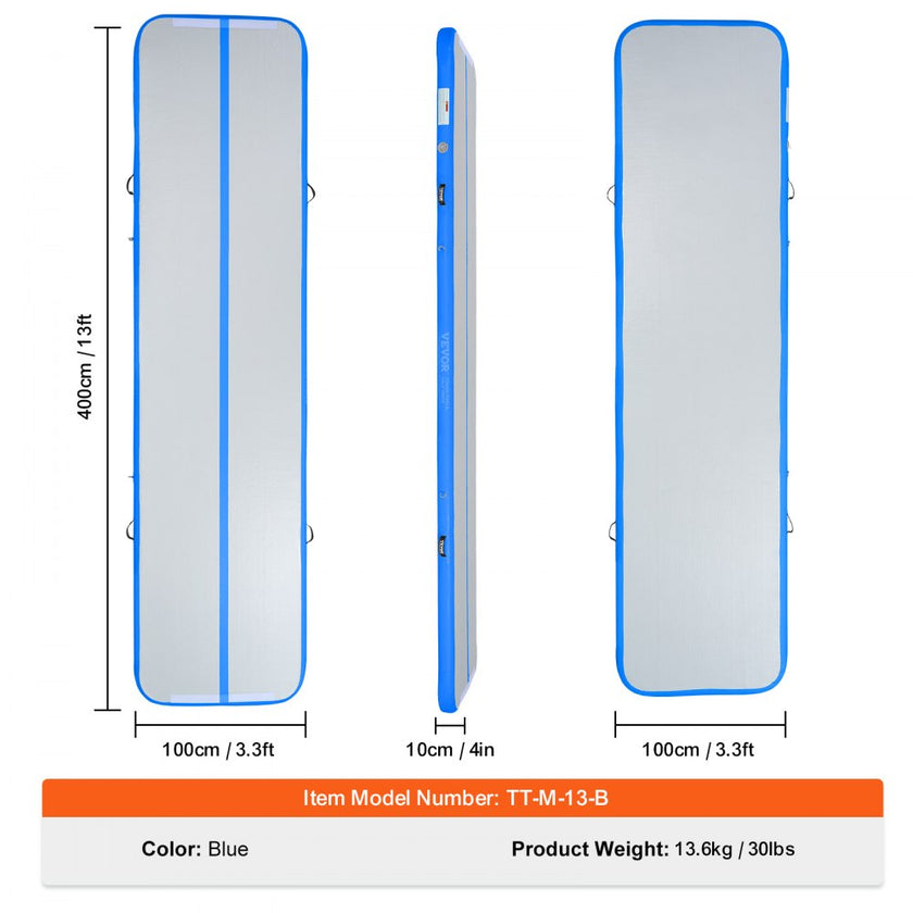 VEVOR Gymnastics Air Mat, 4 inch Thickness Inflatable Gymnastics Tumbling Mat, Tumble Track with Electric Pump, Training Mats for Home Use/Gym/Yoga/Cheerleading/Beach/Park/Water, 13 ft, Blue