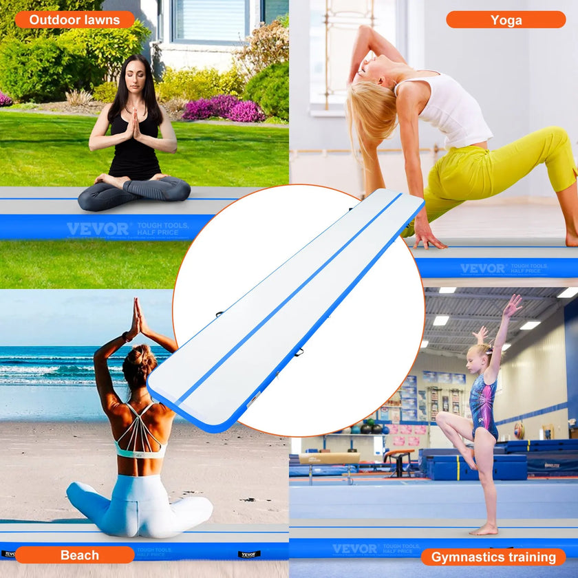 VEVOR Gymnastics Air Mat, 4 inch Thickness Inflatable Gymnastics Tumbling Mat, Tumble Track with Electric Pump, Training Mats for Home Use/Gym/Yoga/Cheerleading/Beach/Park/Water, 20 ft, Blue