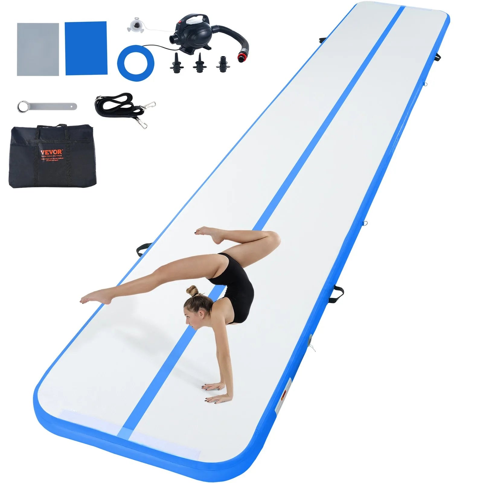 VEVOR Gymnastics Air Mat, 4 inch Thickness Inflatable Gymnastics Tumbling Mat, Tumble Track with Electric Pump, Training Mats for Home Use/Gym/Yoga/Cheerleading/Beach/Park/Water, 20 ft, Blue