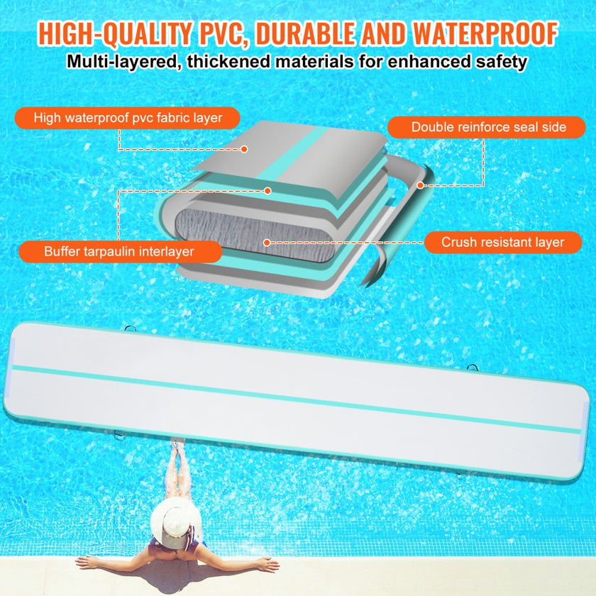 VEVOR Gymnastics Air Mat, 4 inch Thickness Inflatable Gymnastics Tumbling Mat, Tumble Track with Electric Pump, Training Mats for Home Use/Gym/Yoga/Cheerleading/Beach/Park/Water, 20 ft, Mint Green