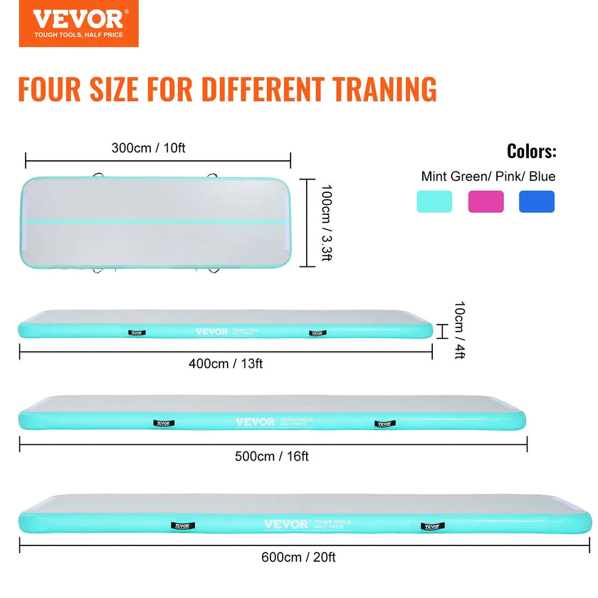VEVOR Gymnastics Air Mat, 4 inch Thickness Inflatable Gymnastics Tumbling Mat, Tumble Track with Electric Pump, Training Mats for Home Use/Gym/Yoga/Cheerleading/Beach/Park/Water, 10 ft, Mint Green