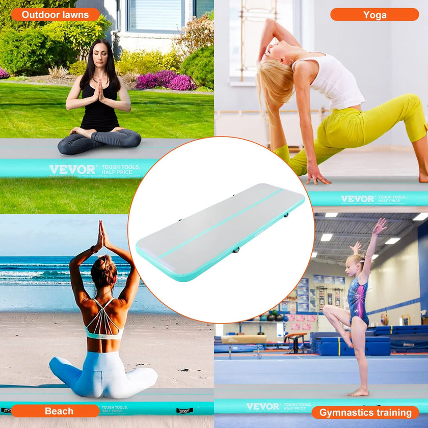VEVOR Gymnastics Air Mat, 4 inch Thickness Inflatable Gymnastics Tumbling Mat, Tumble Track with Electric Pump, Training Mats for Home Use/Gym/Yoga/Cheerleading/Beach/Park/Water, 10 ft, Mint Green