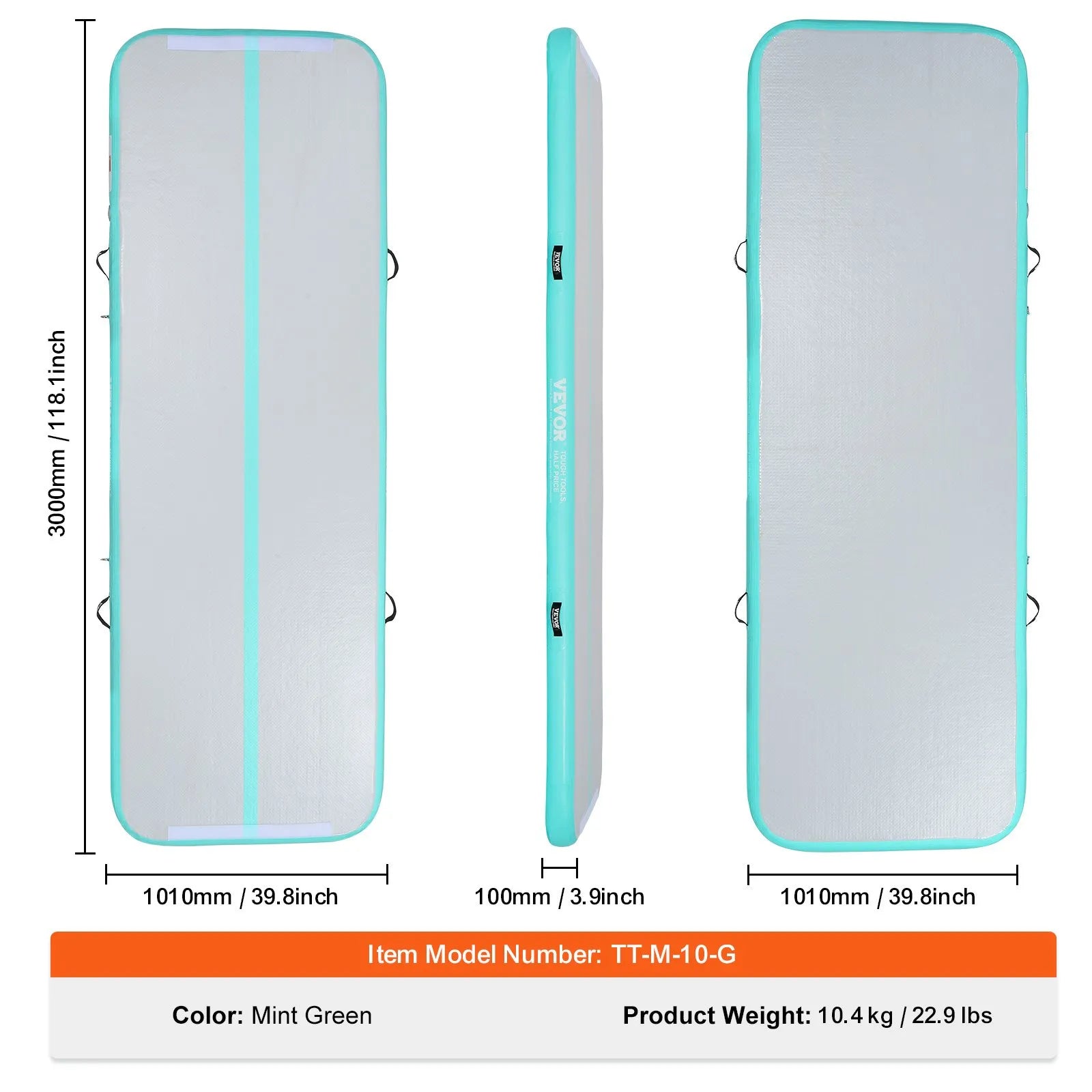 VEVOR Gymnastics Air Mat, 4 inch Thickness Inflatable Gymnastics Tumbling Mat, Tumble Track with Electric Pump, Training Mats for Home Use/Gym/Yoga/Cheerleading/Beach/Park/Water, 10 ft, Mint Green