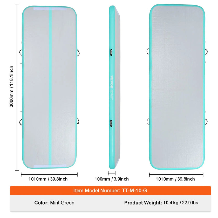 VEVOR Gymnastics Air Mat, 4 inch Thickness Inflatable Gymnastics Tumbling Mat, Tumble Track with Electric Pump, Training Mats for Home Use/Gym/Yoga/Cheerleading/Beach/Park/Water, 10 ft, Mint Green