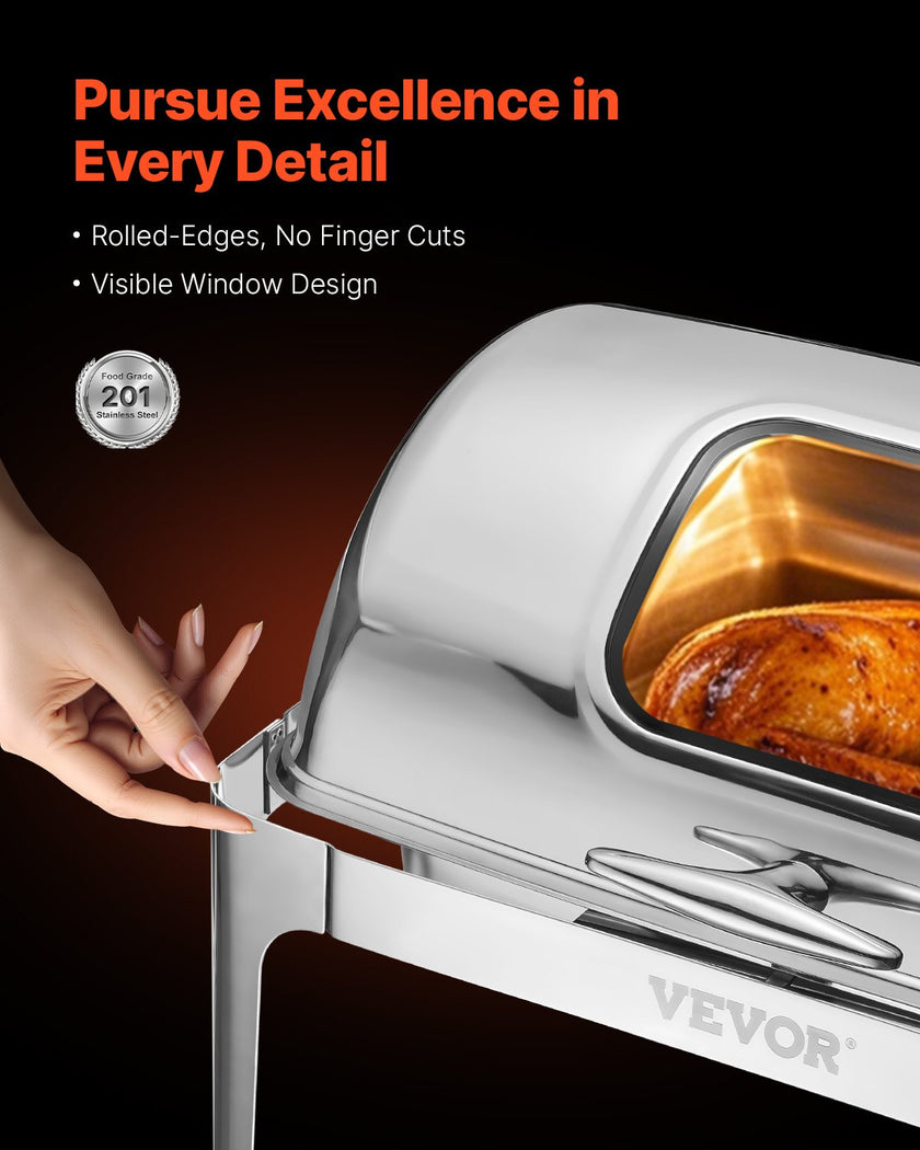 VEVOR 9Qt 1 Pack Rectangle Roll Top Chafing Dish Set with 2 Half Size Pans