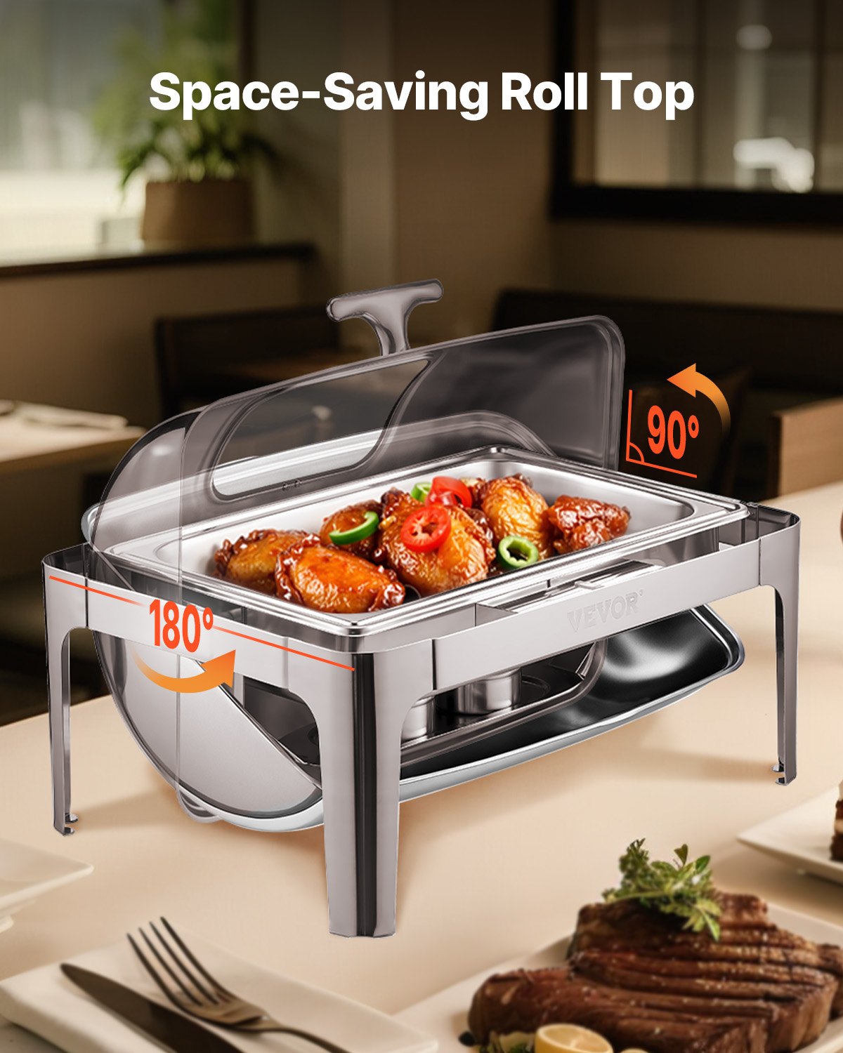 VEVOR 9Qt 1 Pack Rectangle Roll Top Chafing Dish Set with 2 Half Size Pans