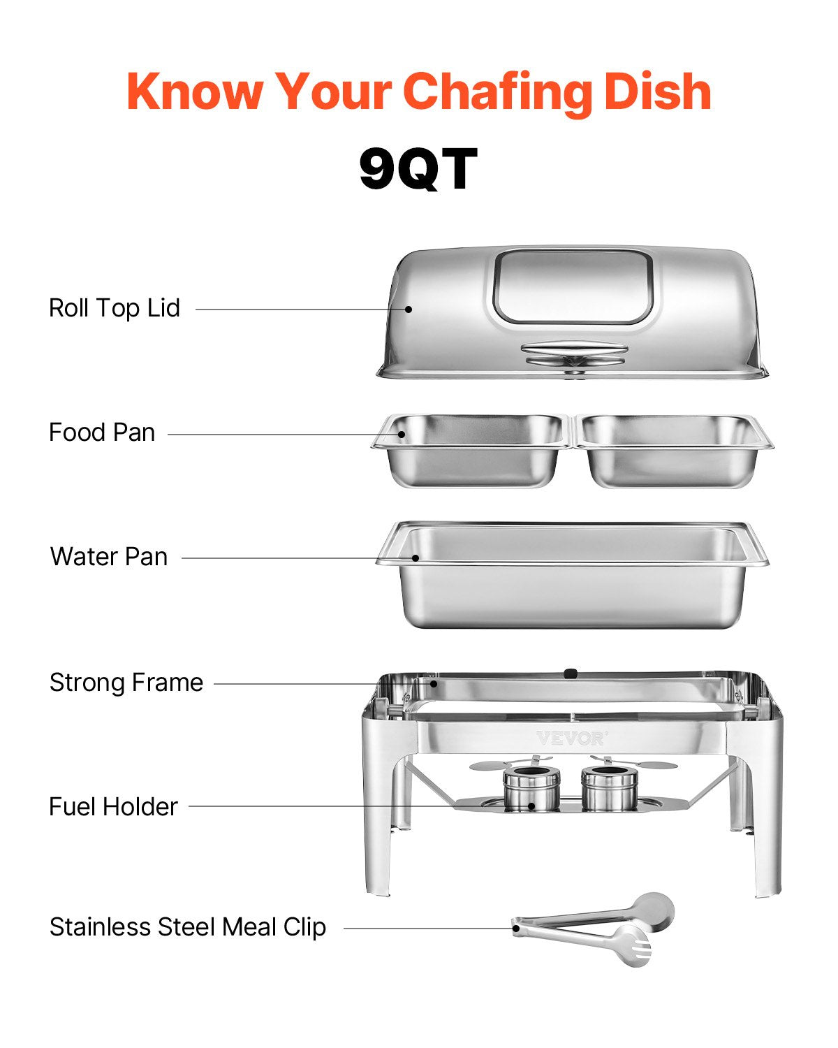 VEVOR 9Qt 1 Pack Rectangle Roll Top Chafing Dish Set with 2 Half Size Pans