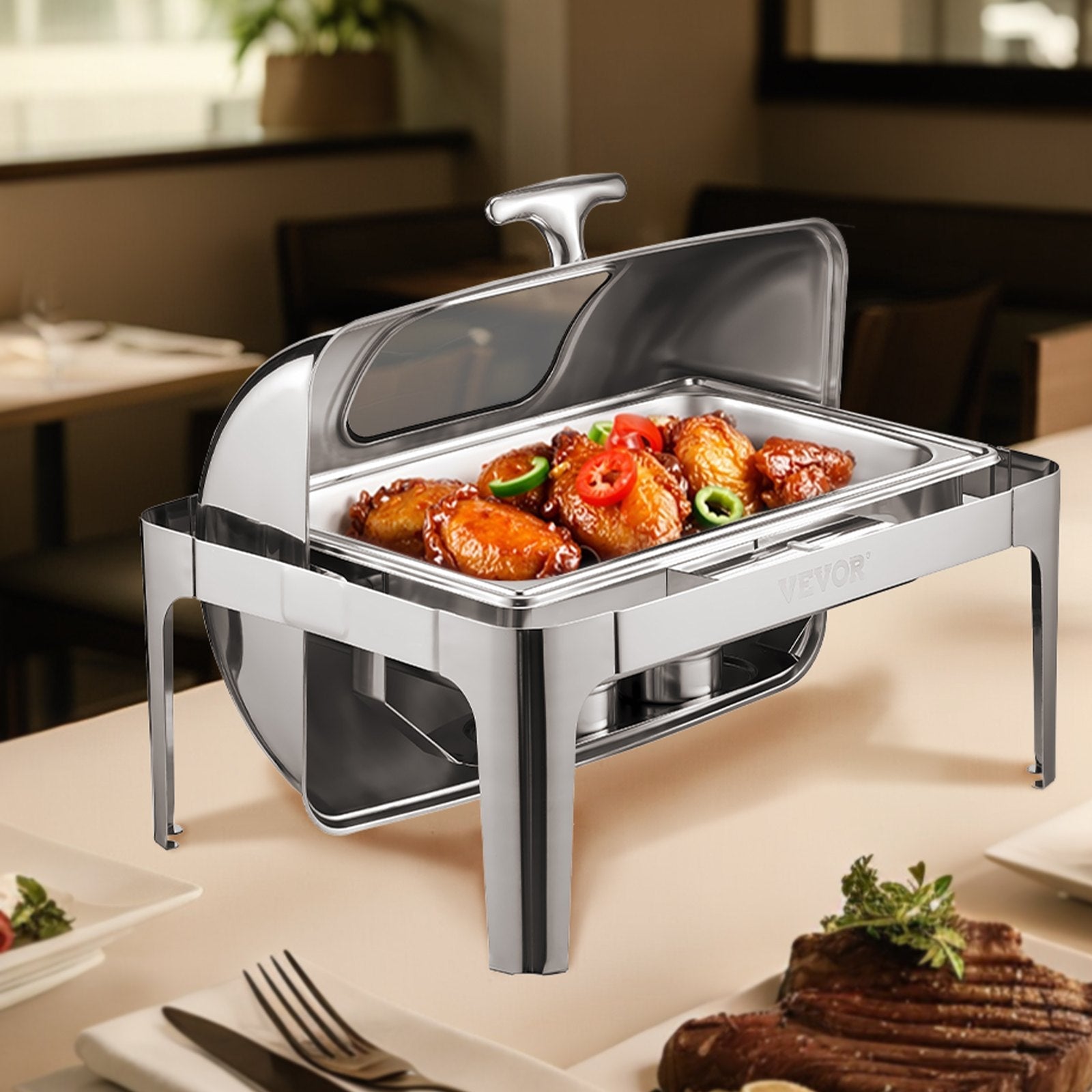 VEVOR 9Qt 1 Pack Rectangle Roll Top Chafing Dish Set with 2 Half Size Pans