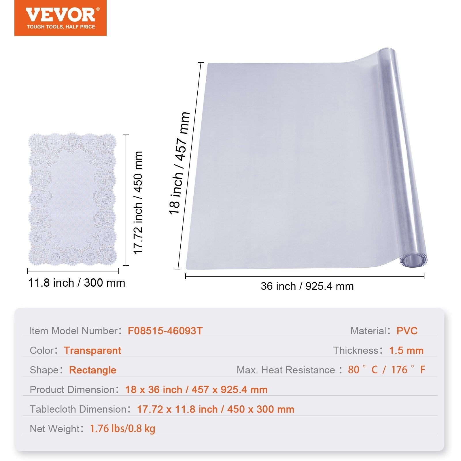 VEVOR Clear Table Cover Protector, 18