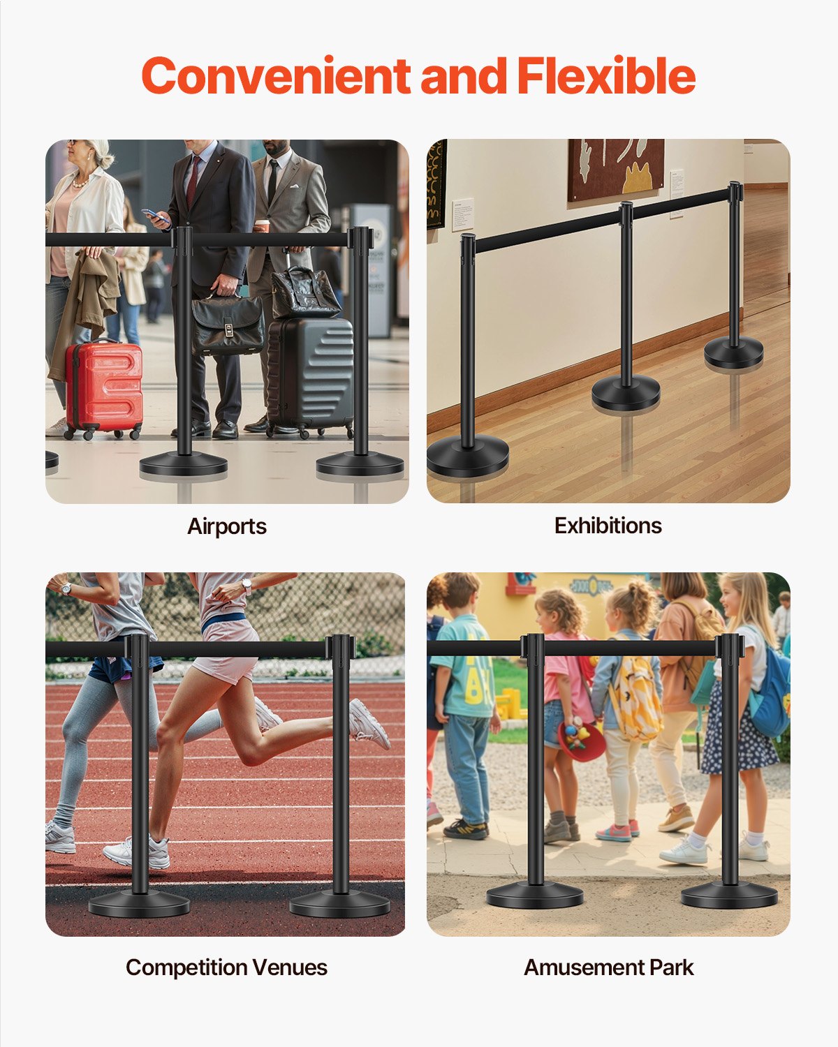 VEVOR 6 Pcs Stanchion Post with 4 Retractable Belts & Sand Injection Hollow Base