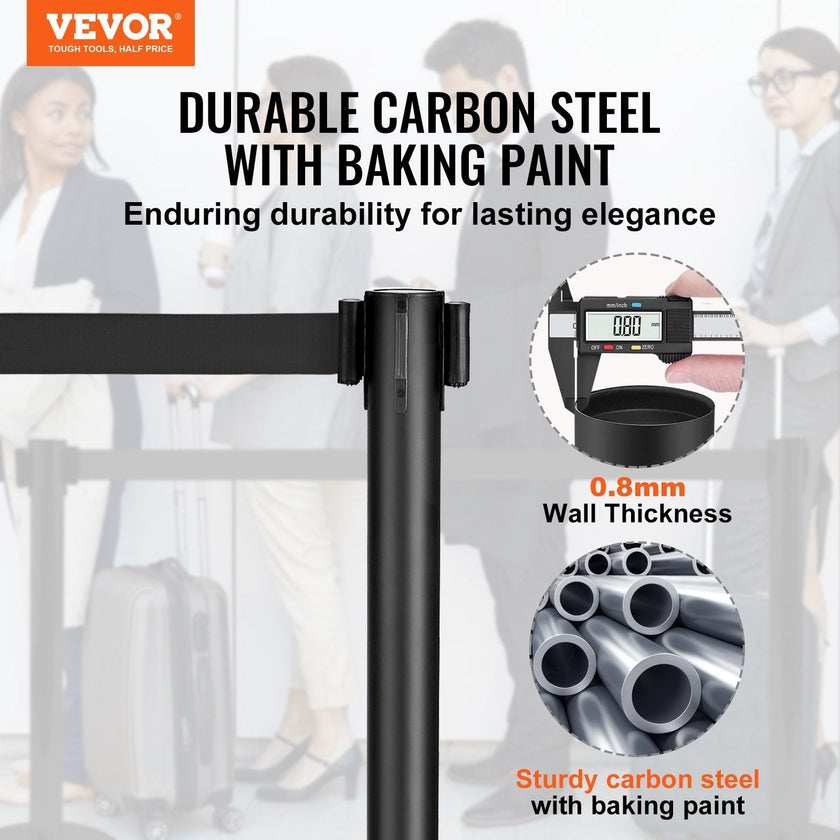 VEVOR Crowd Control Stanchions, 2-Pack Crowd Control Barriers, Carbon Steel Baking Painted Stanchion Queue Post with 11FT Black Retractable Belt, Belt Barriers Line Divider for Exhibition, Airport