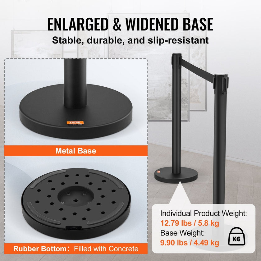 VEVOR Crowd Control Stanchions, 2-Pack Crowd Control Barriers, Carbon Steel Baking Painted Stanchion Queue Post with 6.5FT Black Retractable Belt, Belt Barriers Line Divider for Exhibition, Airport