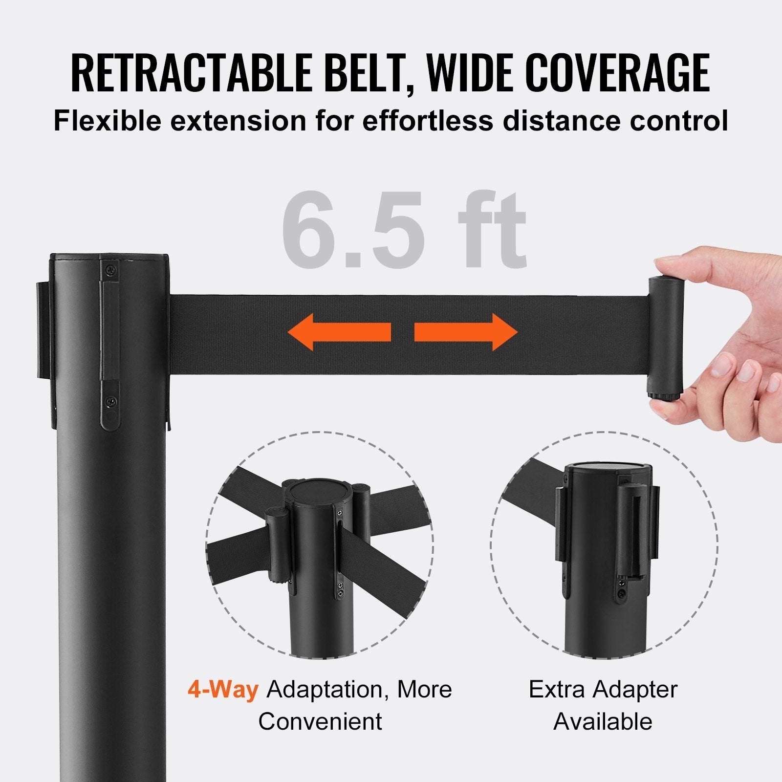 VEVOR Crowd Control Stanchions, 2-Pack Crowd Control Barriers, Carbon Steel Baking Painted Stanchion Queue Post with 6.5FT Black Retractable Belt, Belt Barriers Line Divider for Exhibition, Airport